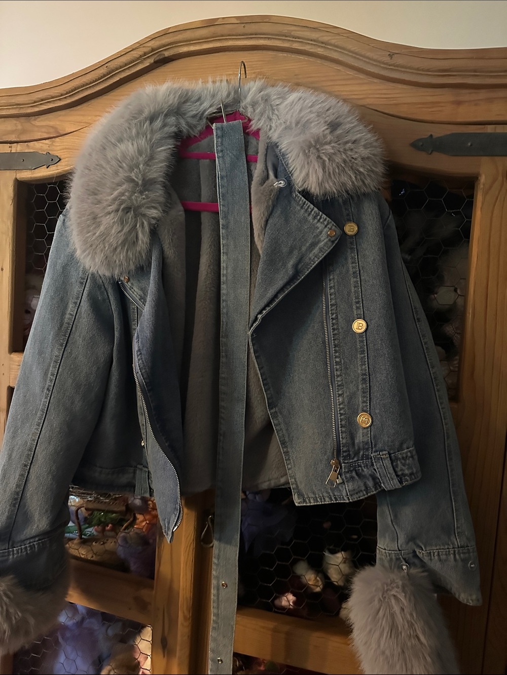 Denim Jacket with Plush Gray Fur Trim